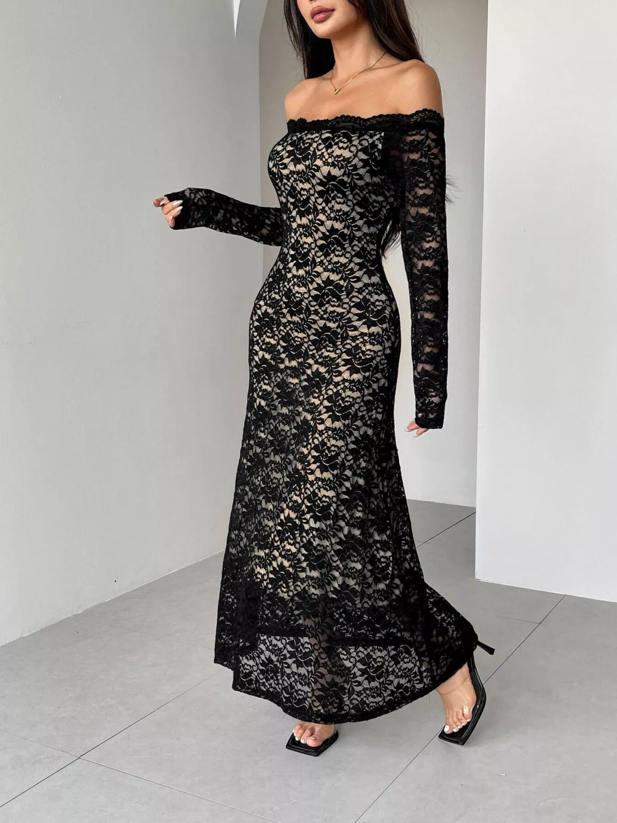 Off-Shoulder Lace Maxi Dress
