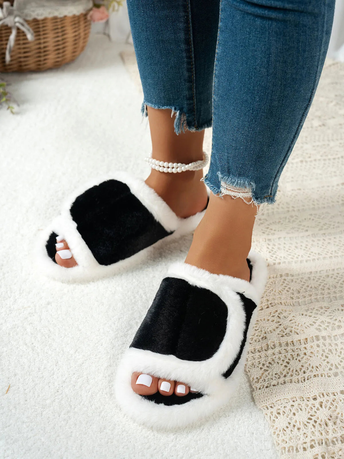Fuzzy Open Toe Flats Slippers