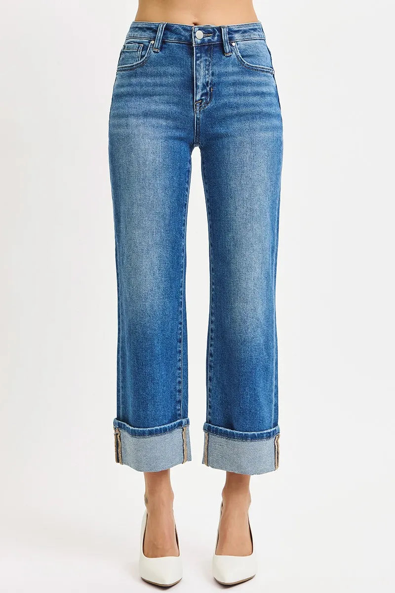 RISEN Full Size Mid Rise Crop Straight Cuffed Jeans Plus Size