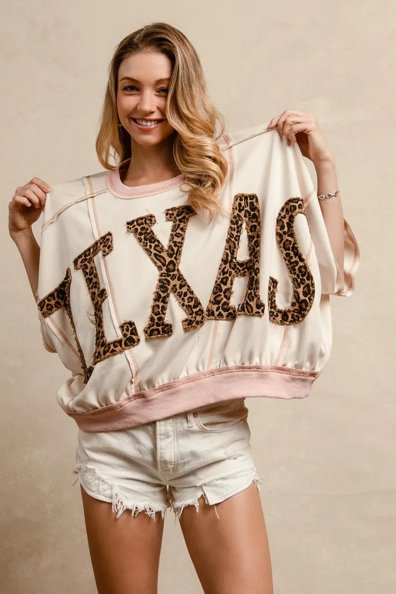 BiBi Leopard Print Texas Patchwork Overlock Stitch Top