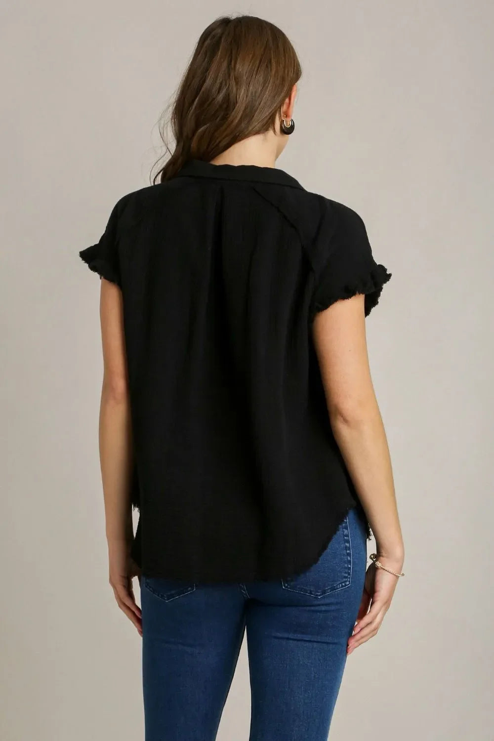 Umgee Full Size Frayed Hem Collared Neck Short Sleeve Shirt Plus