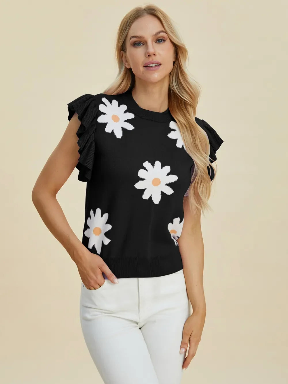 Double Take Full Size Ruffled Flower Round Neck Cap Sleeve