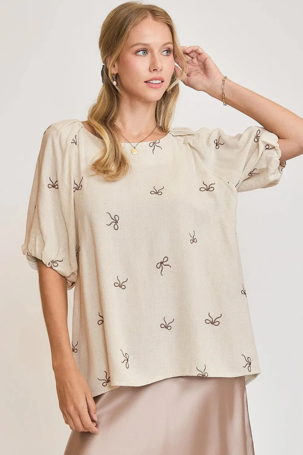Umgee Full Size Linen Blend Ribbon Embroidered Top Plus Size