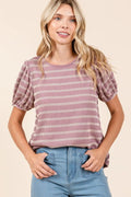 Mittoshop Contrast Striped Short Puff Sleeve Knit Top