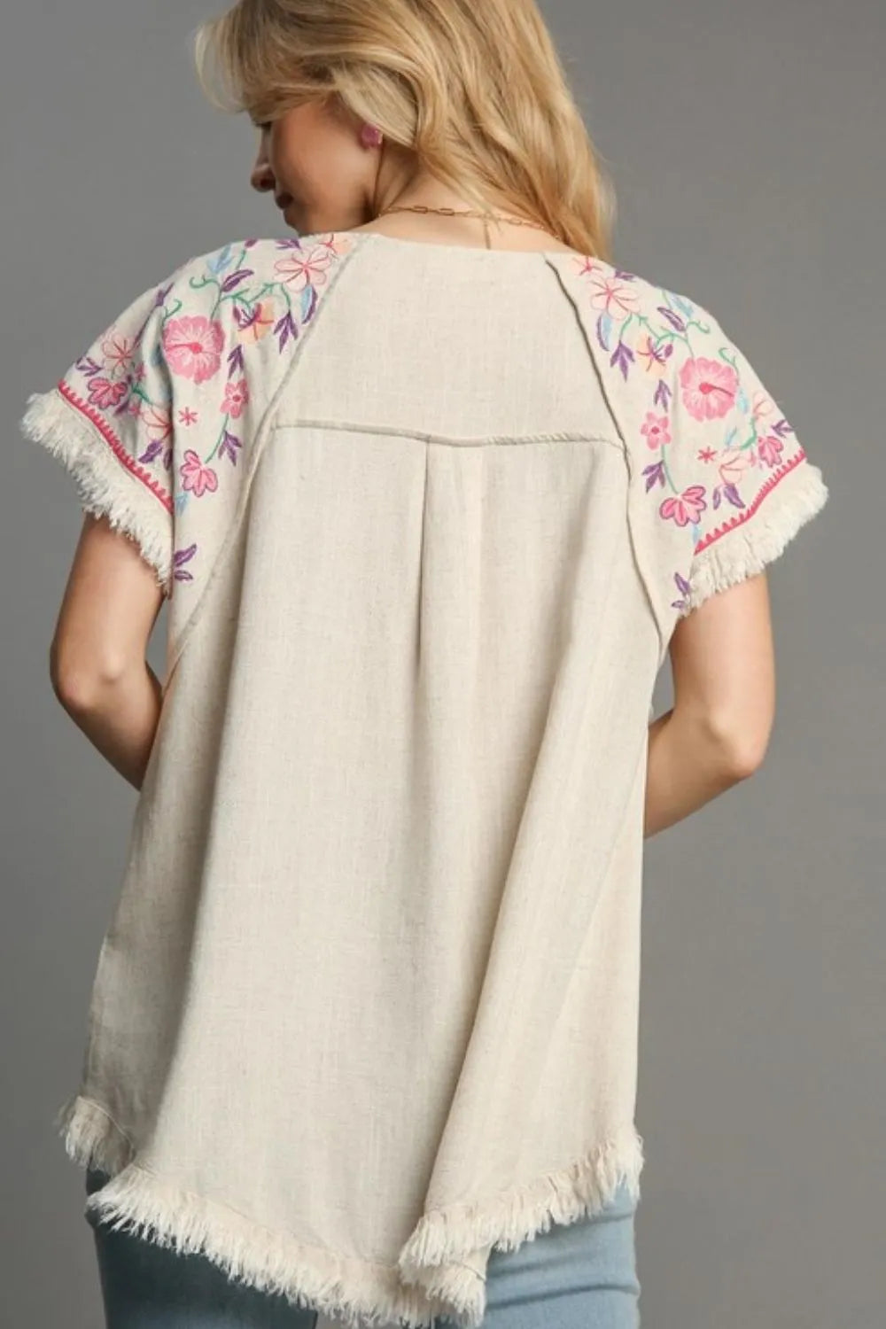 Umgee Full Size Linen Round Neck High Low Hem Frayed Top Plus