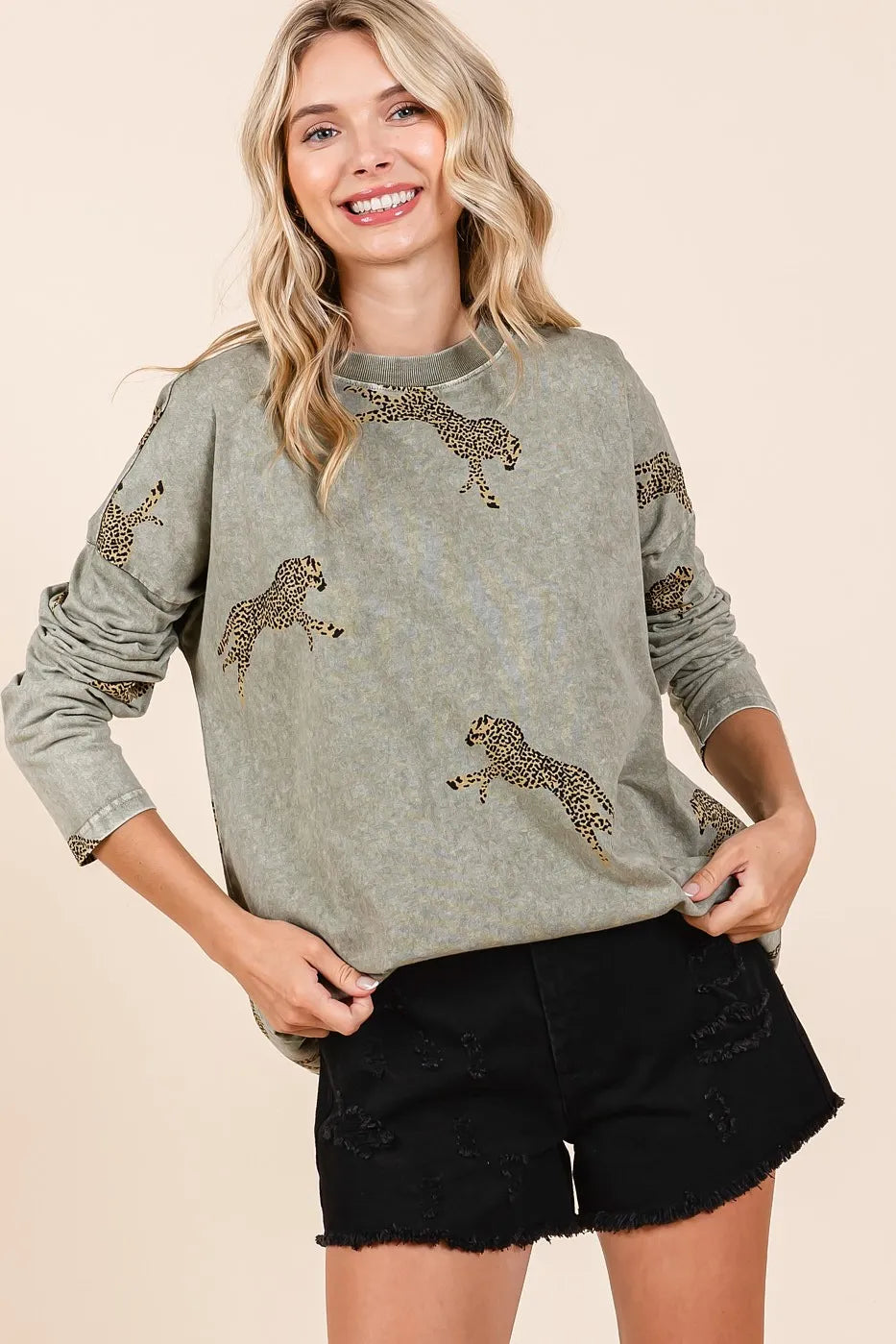 Mittoshop Mineral Wash Cheetah Print Long Sleeve Top