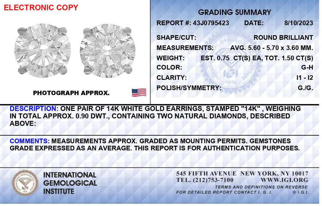 IGI 14K White Gold Diamond Earrings
