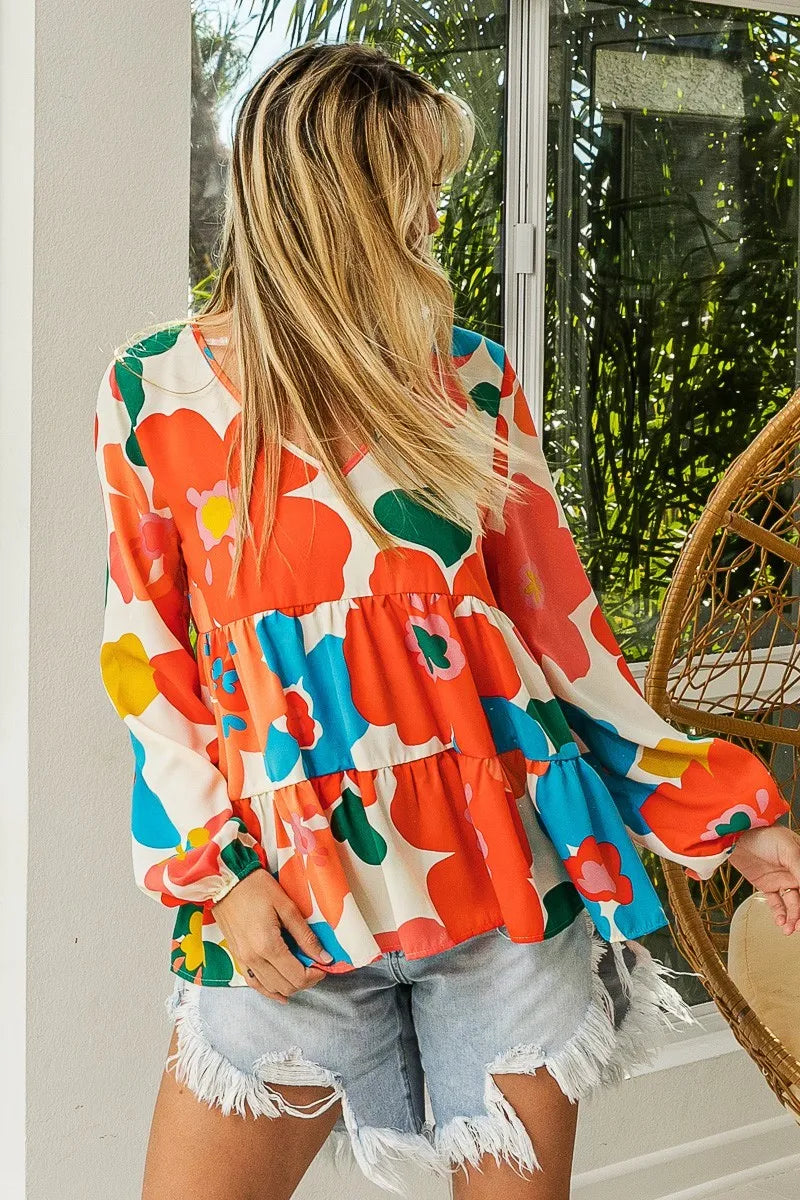 BiBi Floral Woven Tiered V Neck Top