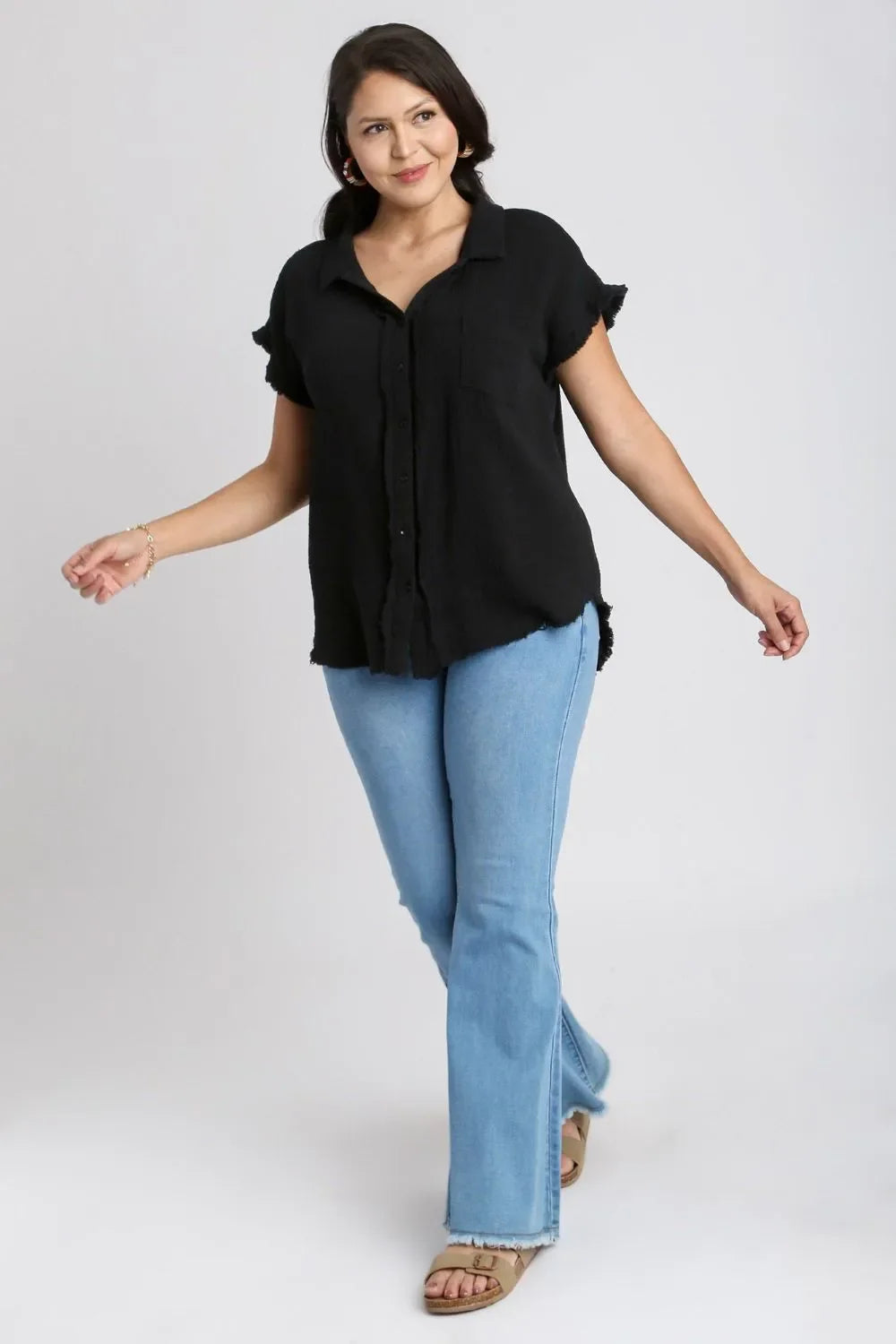 Umgee Full Size Frayed Hem Collared Neck Short Sleeve Shirt Plus