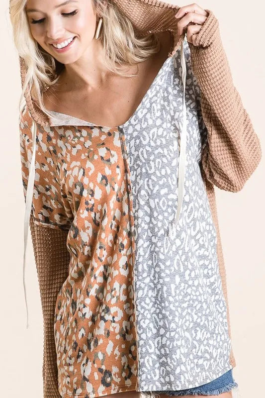 BiBi Popcorn Waffle Knit Hoodie with Print Block Front