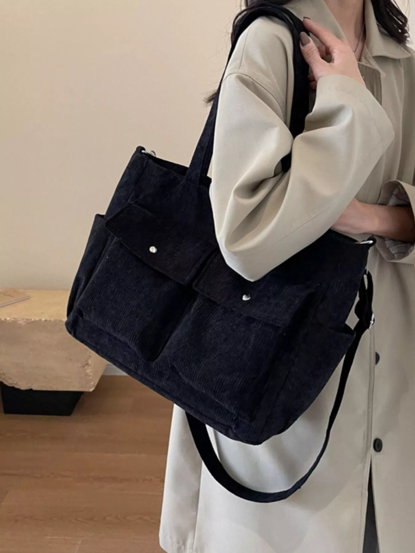 Corduroy Large Tote Bag with Adjustable Strap