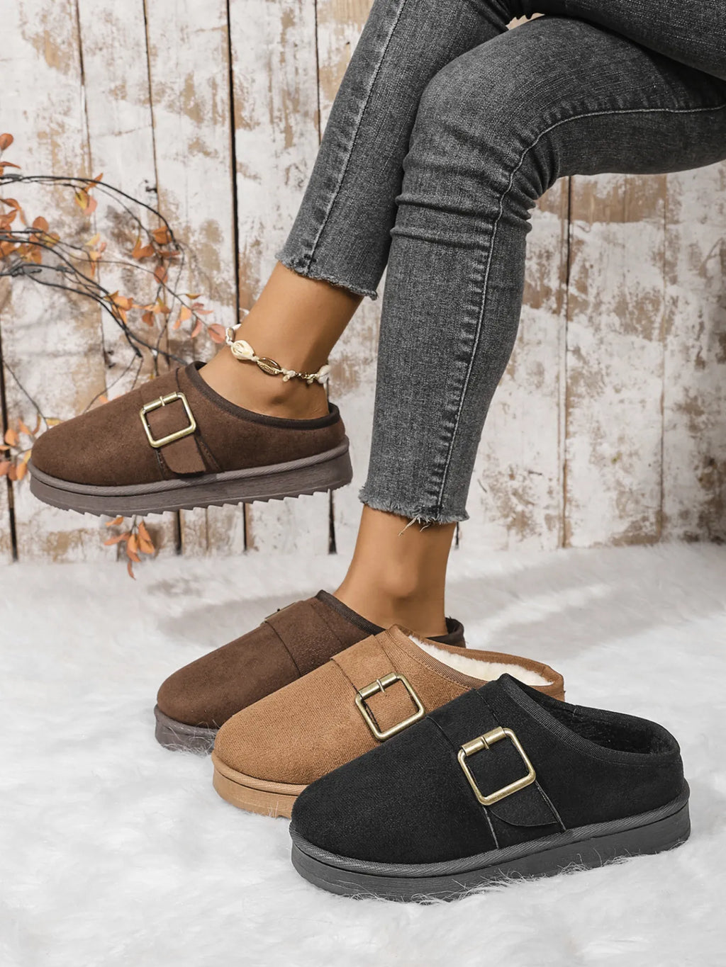 Cozy Buckle Suede Winter Slippers