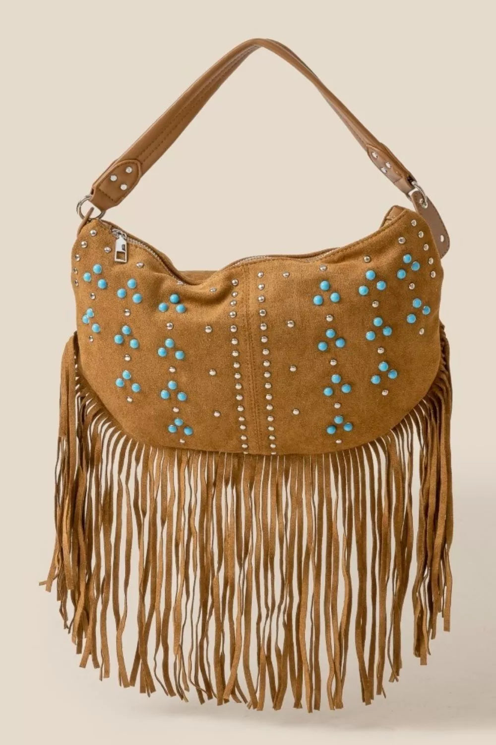Fame Studded Pattern Multi Fringe Hobo Shoulder Bag