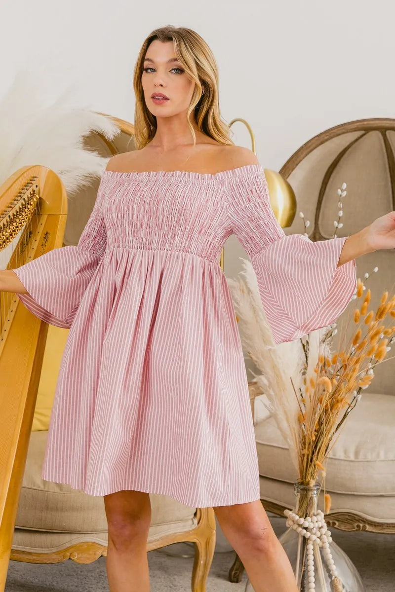 BiBi Smocked Off Shoulder Striped Dress