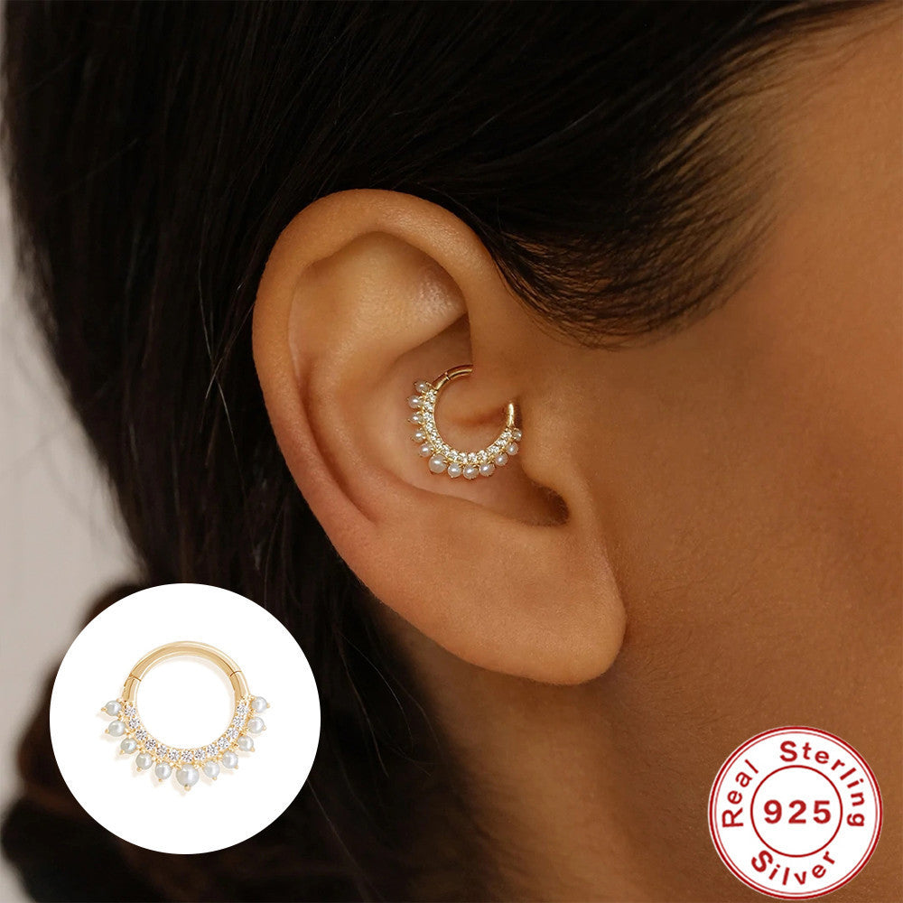 S925 Silver Double Row Rhinestone Pearl Ear Stud