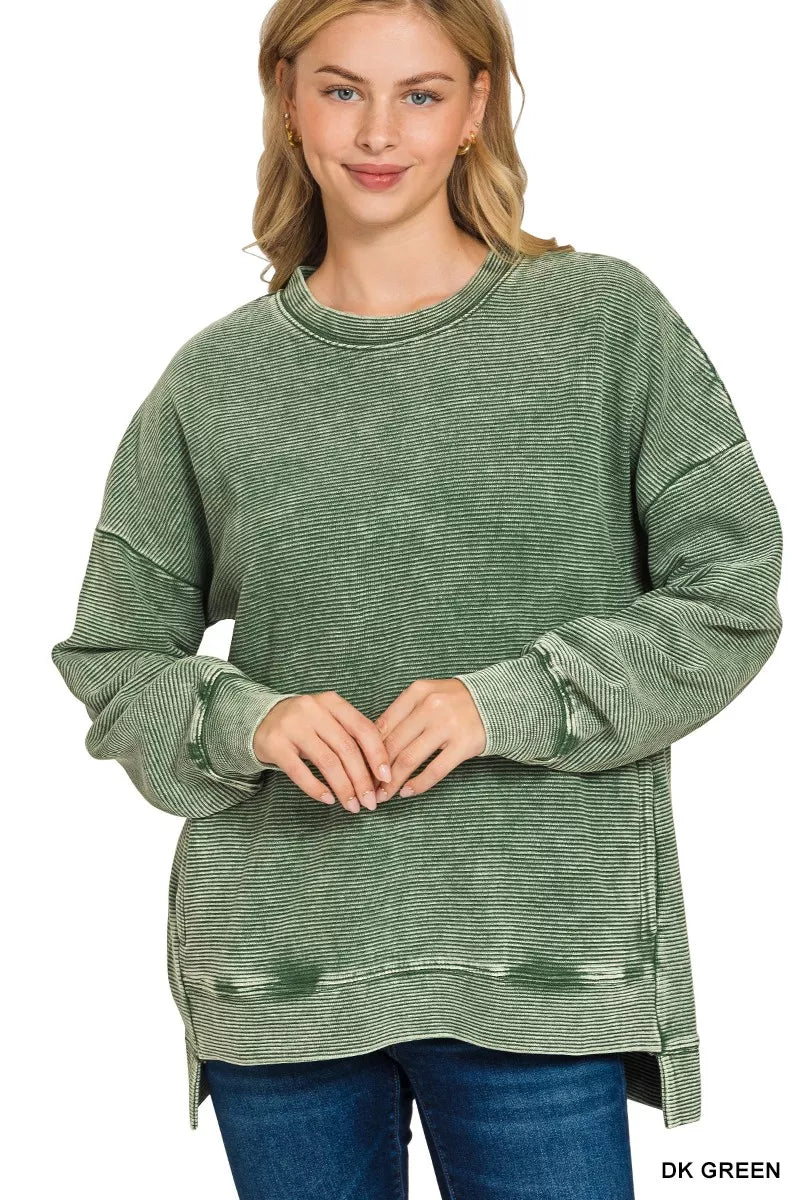Zenana Full Size Acid Washed Double Ribbed Hi-low Sweatshirt Plus Size