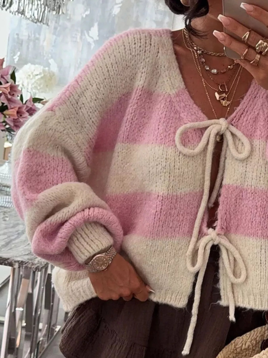 Striped Tie-Front Knit Cardigan