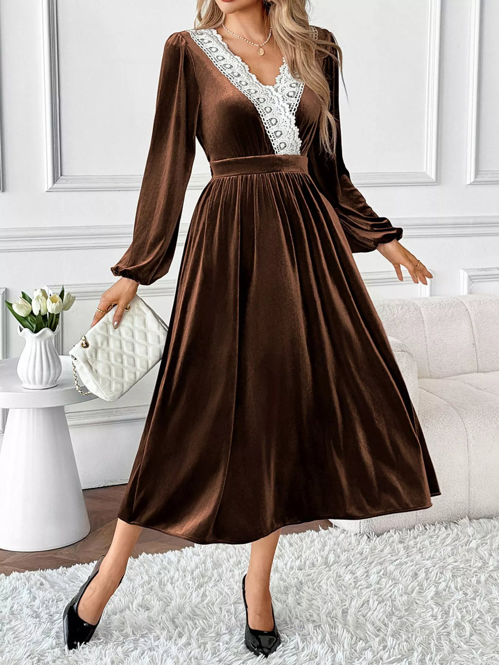 Velvet A-Line Dress with Lace Trim