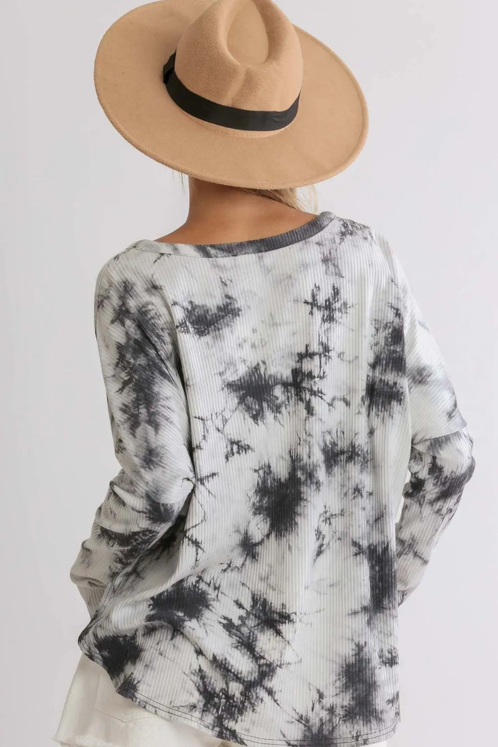Umgee Full Size Tie Dye Round Neck Ribbed Button Front Top Plus