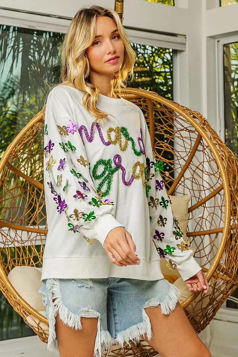 BiBi Fleur De Lis Sleeve Mardi Gras Pullover