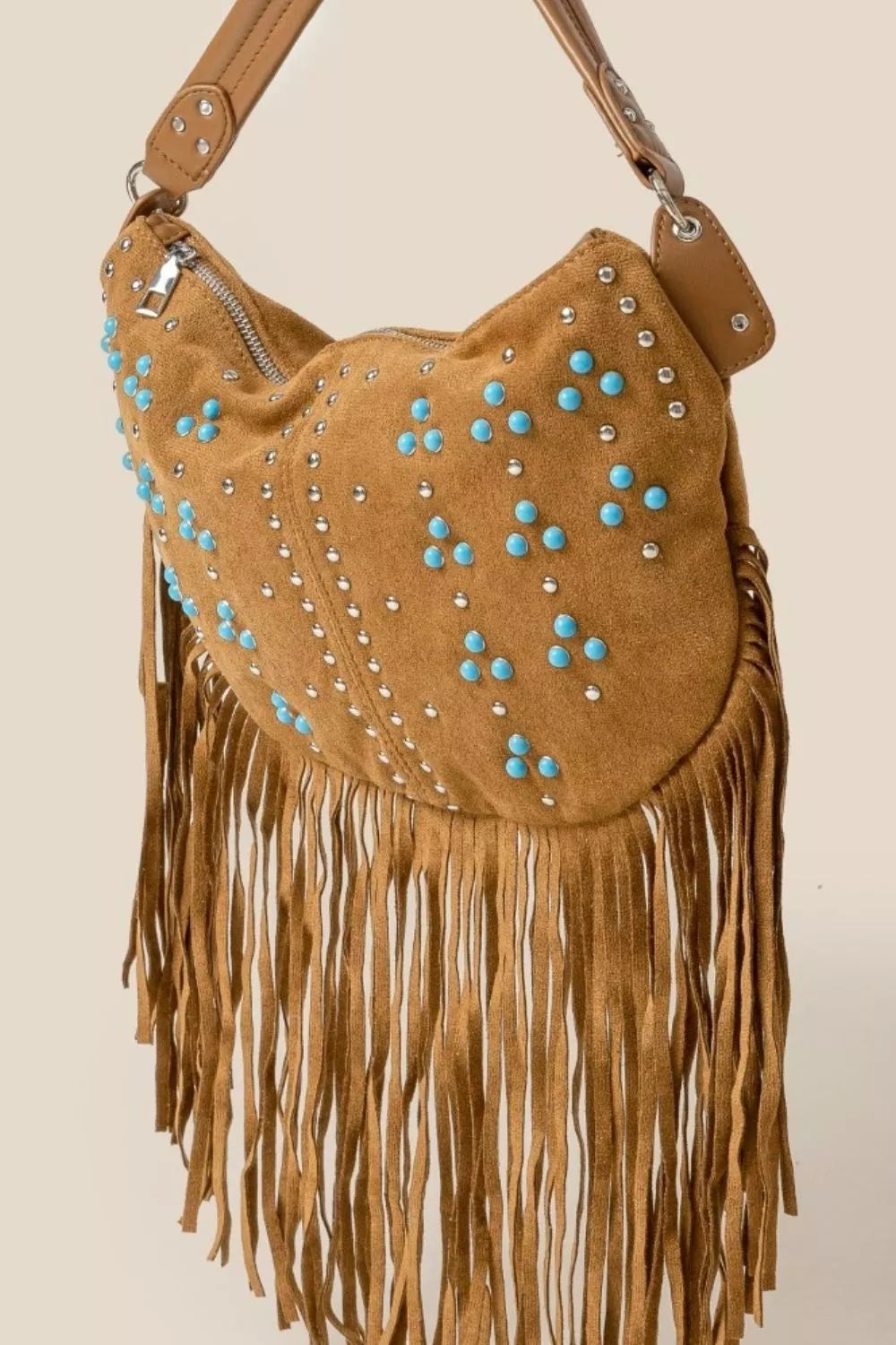 Fame Studded Pattern Multi Fringe Hobo Shoulder Bag