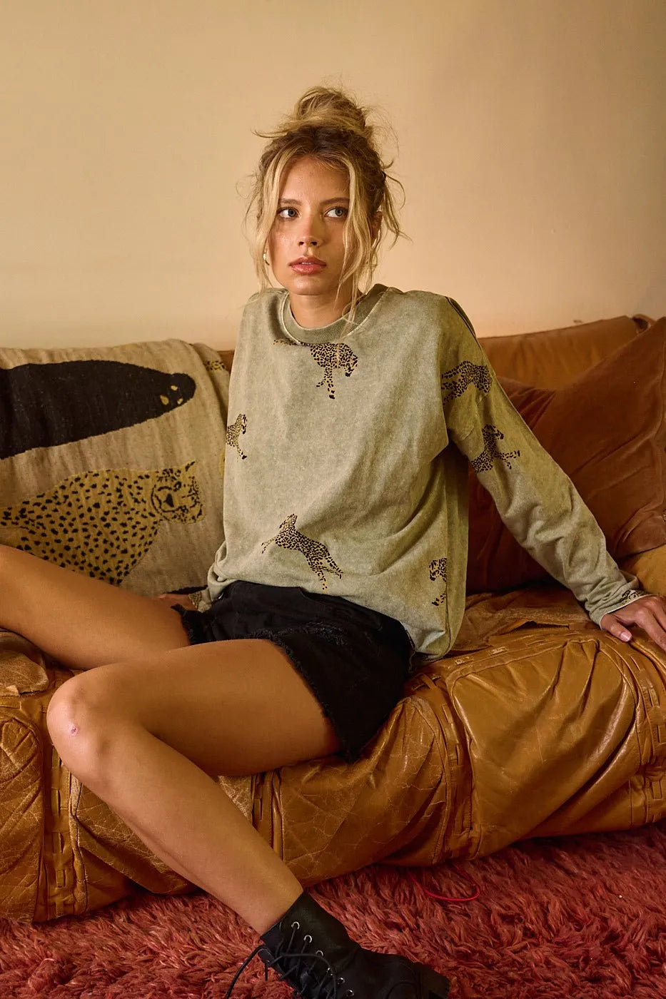 Mittoshop Mineral Wash Cheetah Print Long Sleeve Top