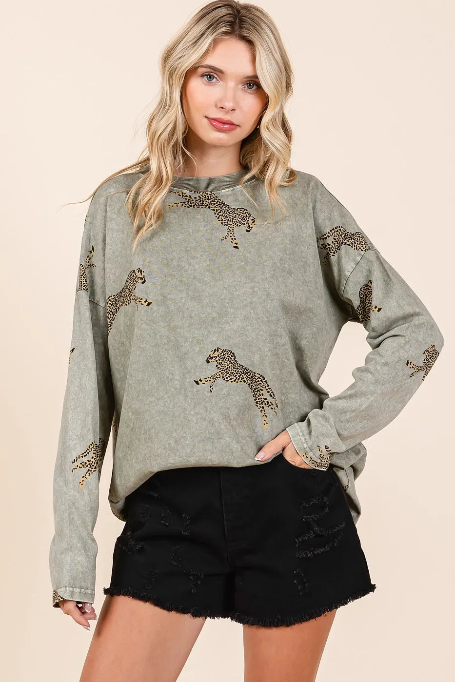 Mittoshop Mineral Wash Cheetah Print Long Sleeve Top