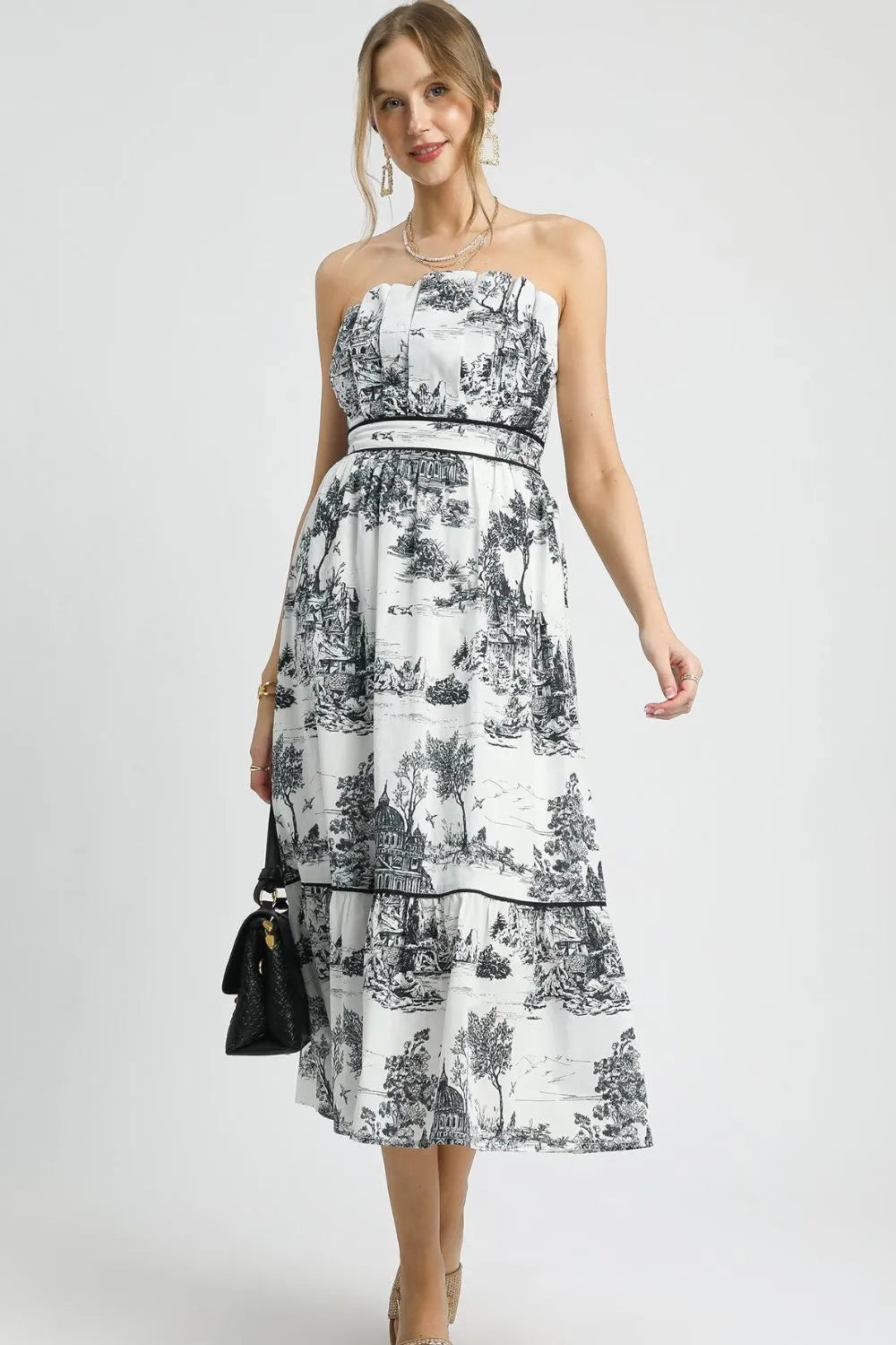 Umgee Printed Tiered Tube Midi Dress