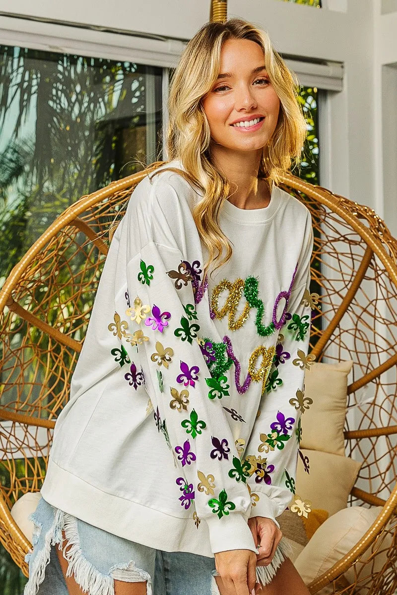 BiBi Fleur De Lis Sleeve Mardi Gras Pullover