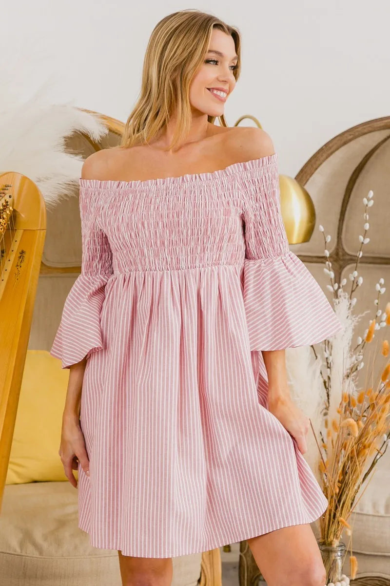 BiBi Smocked Off Shoulder Striped Dress