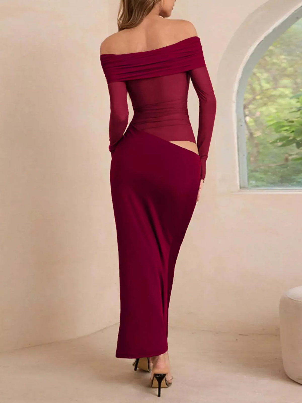 Off-Shoulder Long Sleeve Ruched Bodycon Maxi Dress