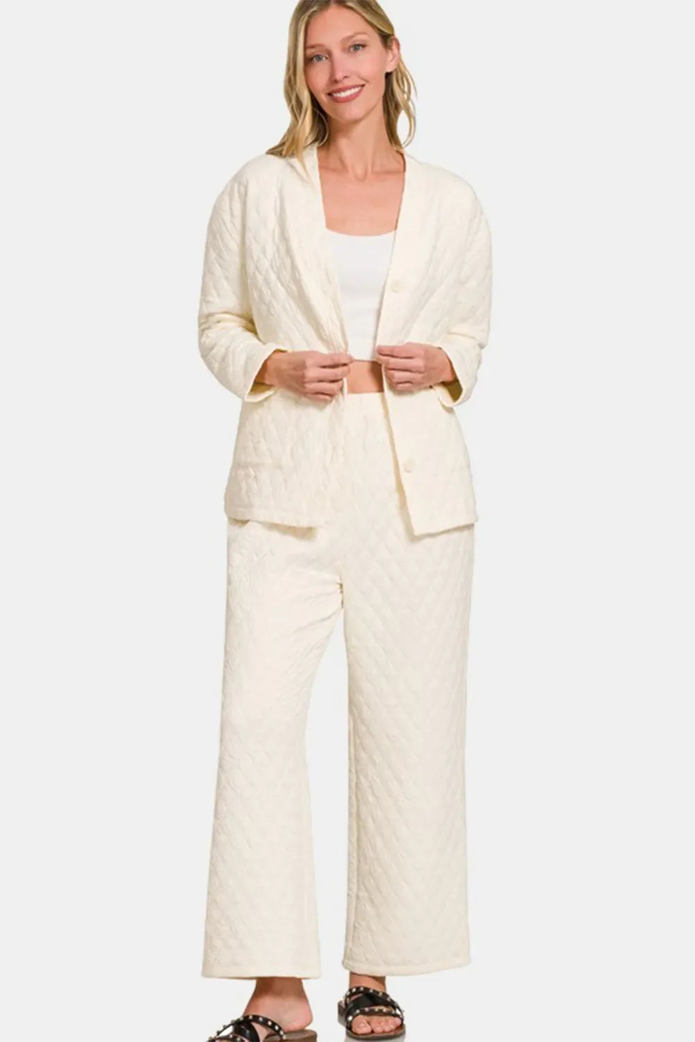 Zenana Quilted Button Up Long Sleeve Top And Pants Lounge Set