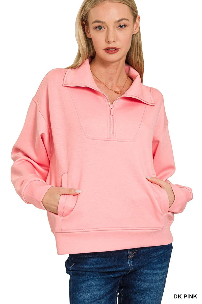 Zenana Scuba Half Zip Sweatshirt with Pockets