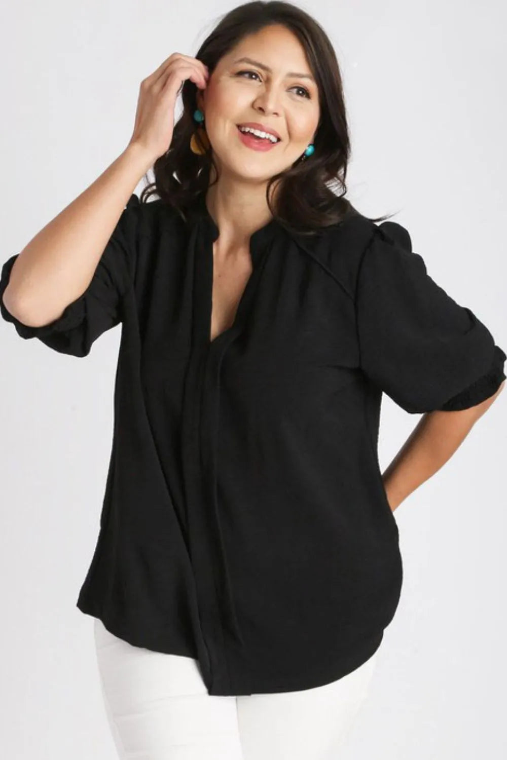 Umgee Full Size Split Neck Boxy Cut Top With Piping Details Plus