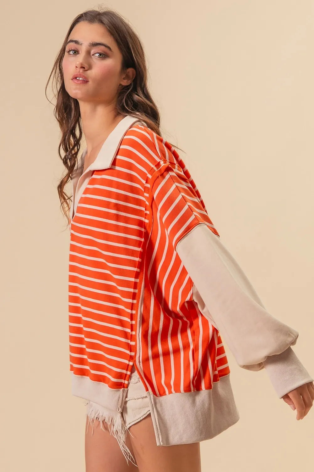 BiBi Stripe Knit Loose Fit Top With Cut Edge Detail