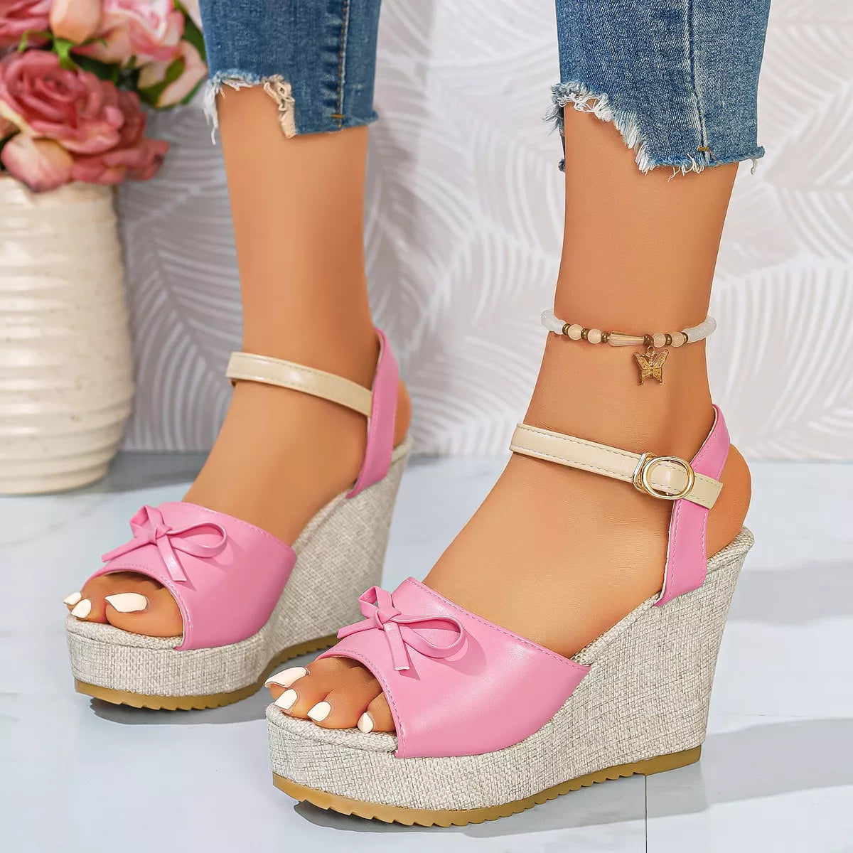 Bow Peep Toe Wedge Sandals