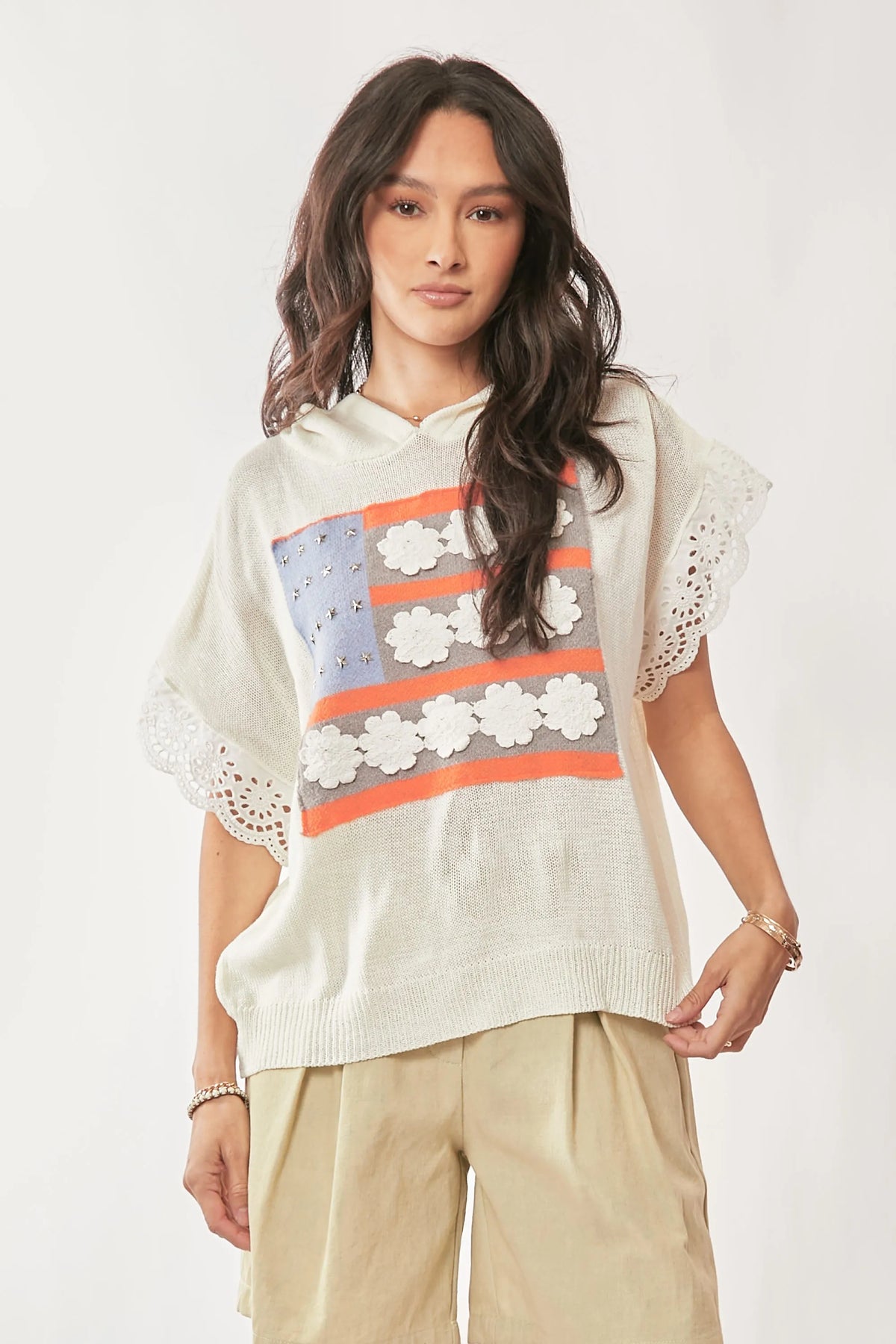 Davi & Dani American Flag Loose Fit Lace Sleeve Hoodie Top