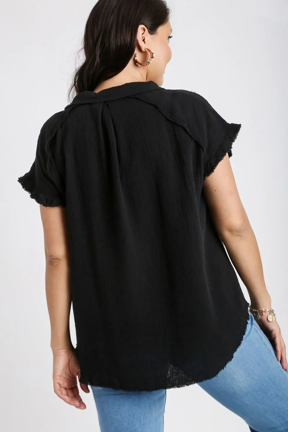 Umgee Full Size Frayed Hem Collared Neck Short Sleeve Shirt Plus