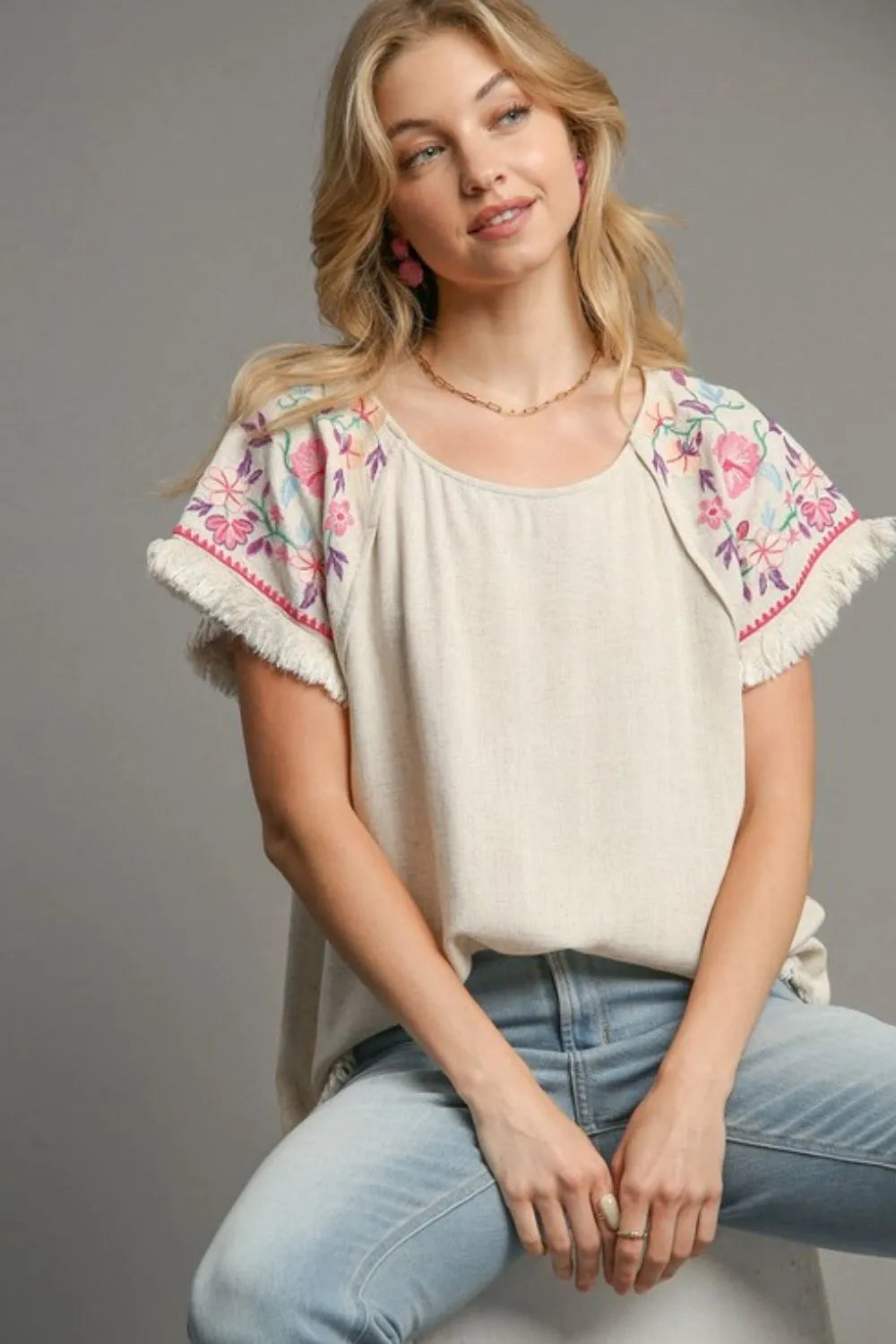 Umgee Full Size Linen Round Neck High Low Hem Frayed Top Plus