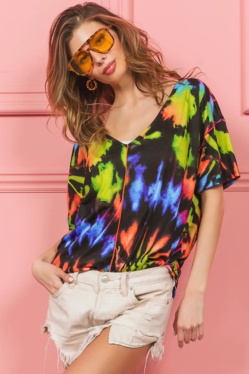 BiBi Tie Dye Print Jersey Stitched V Neck Top