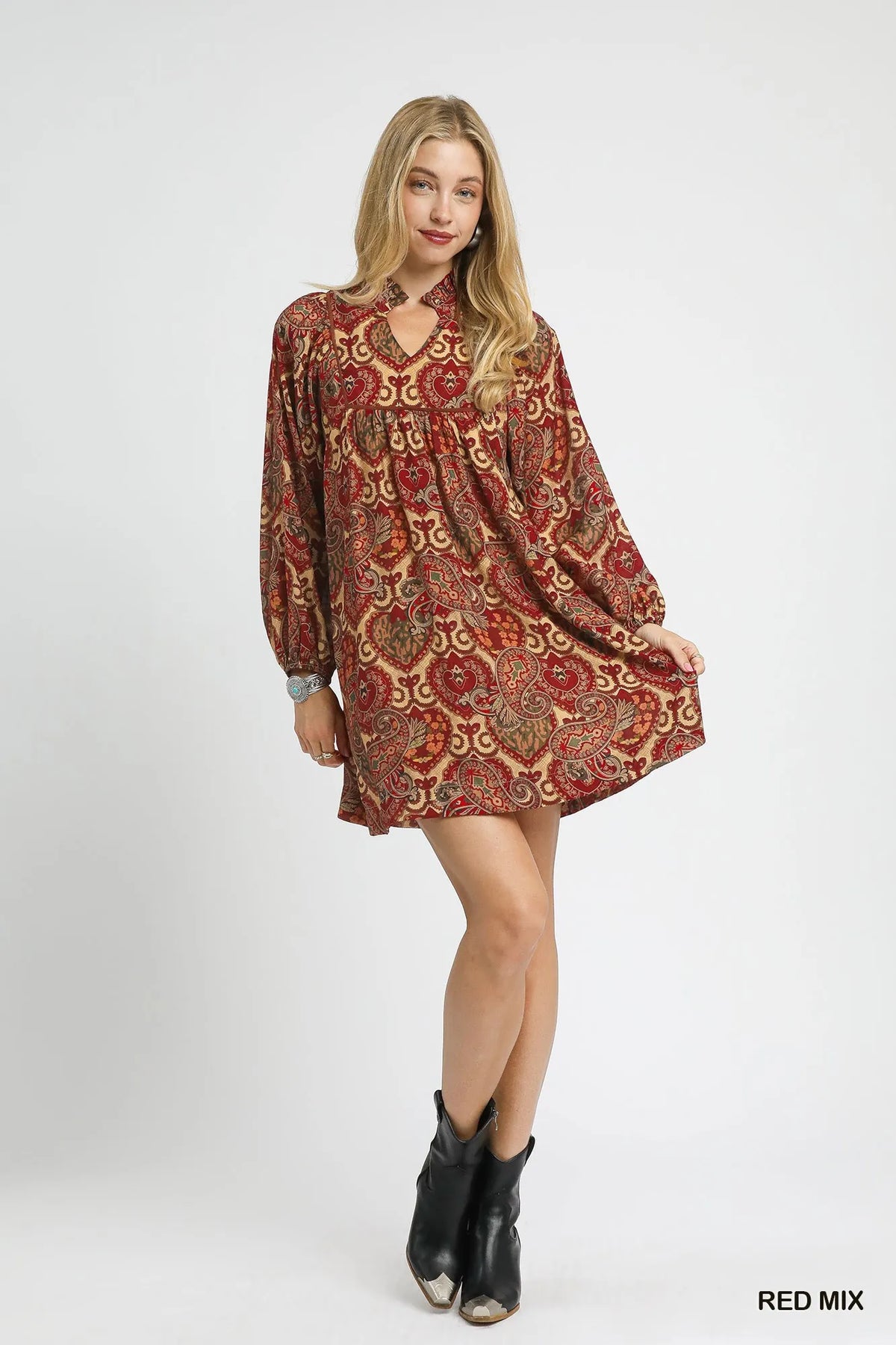 Umgee Boho Mix Paisley Babydoll Dress