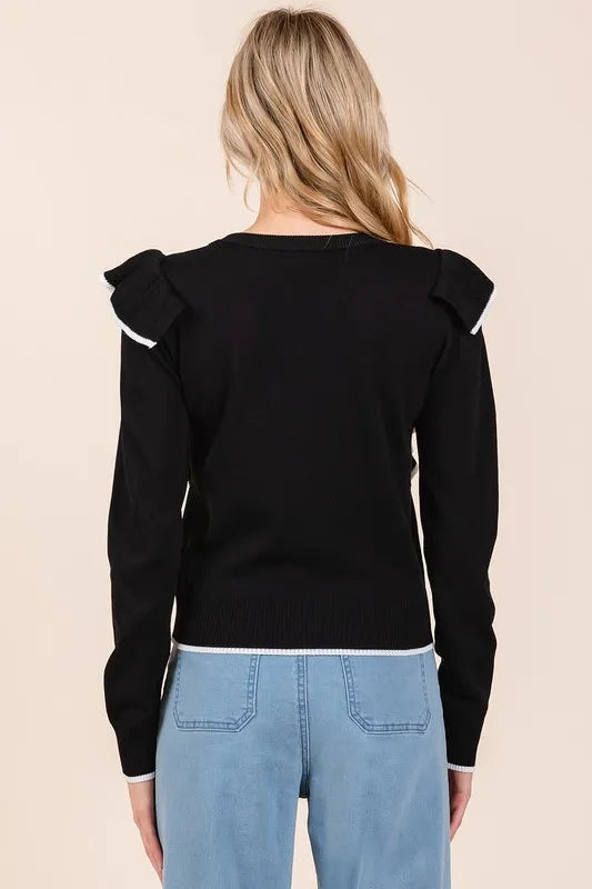 Mittoshop Contrast Trim Ruffled Round Neck Knit Top