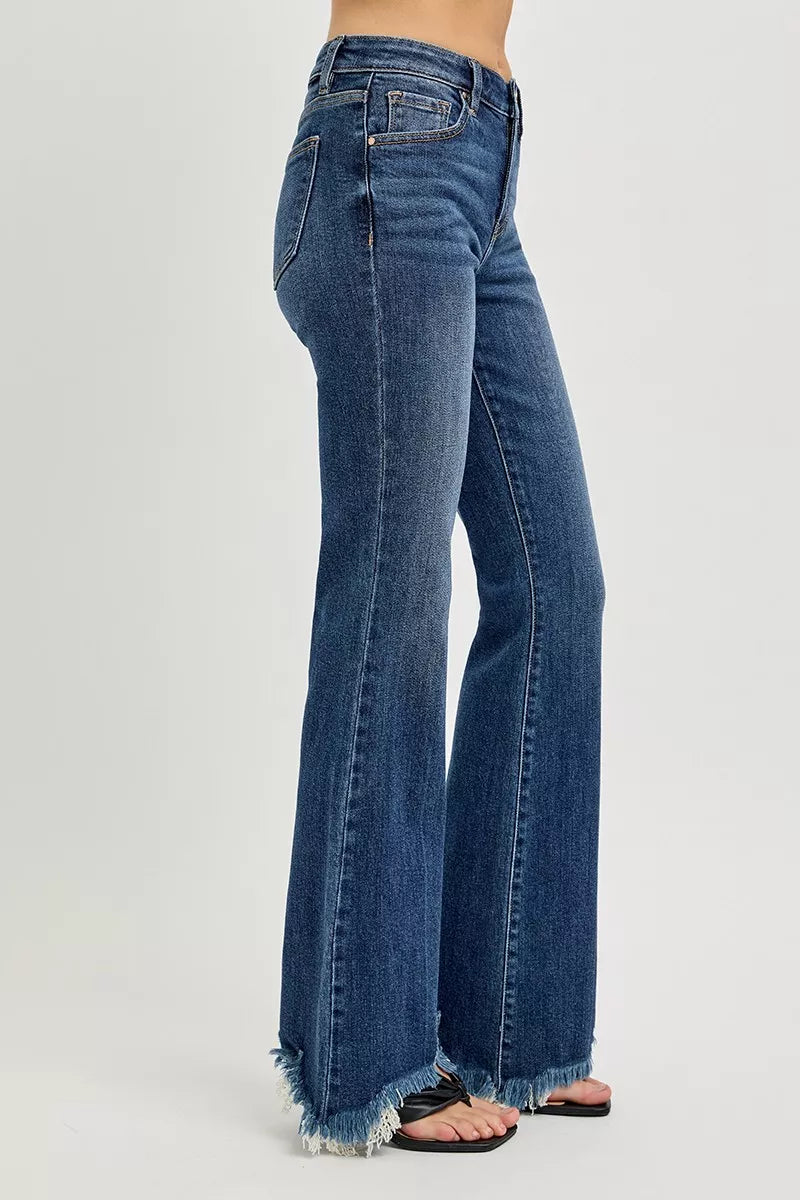 RISEN Full Size Mid Rise Flare Frayed Hem Jeans Plus Size