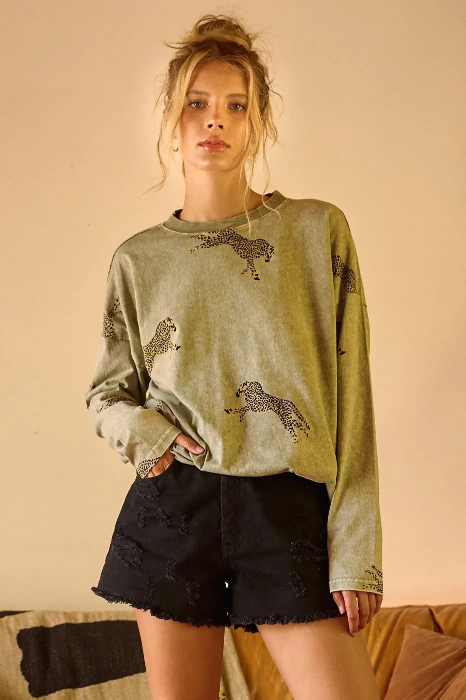 Mittoshop Mineral Wash Cheetah Print Long Sleeve Top