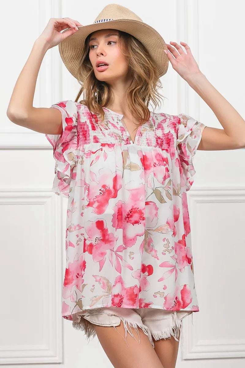 BiBi Floral Print Flutter Sheer Top