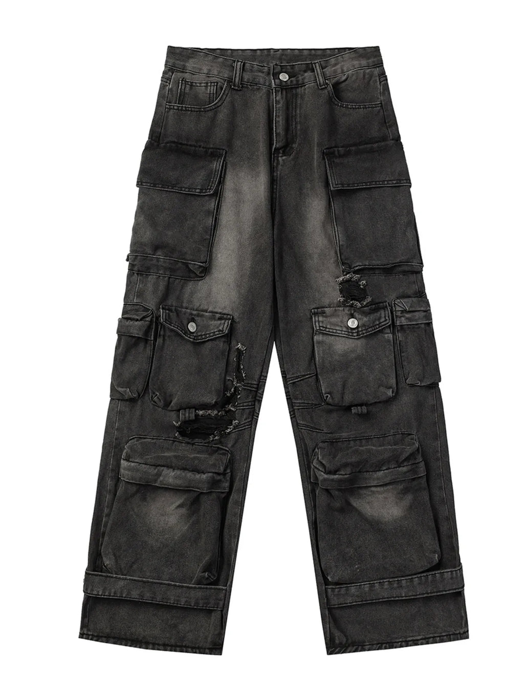 Men's Distressed Washed Cargo Jeans with Multi-Pockets