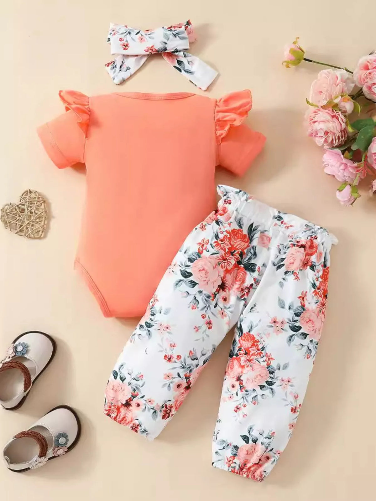 Children's Ruffled Bodysuit & Pants Set with Headband