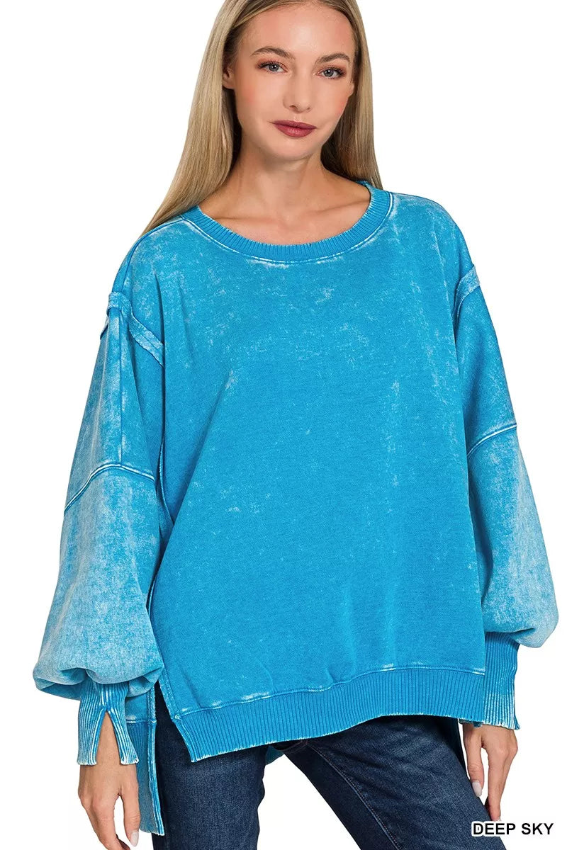 Zenana Acid Washed Batwing Sleeve Fleece Sweatshirt