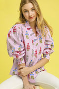 Umgee Floral Print Lantern Sleeve Button Down Shirt