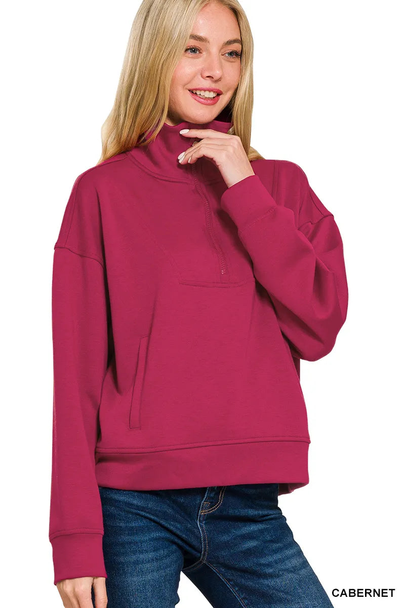 Zenana Scuba Half Zip Sweatshirt with Pockets